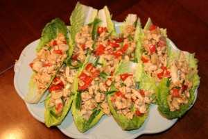 Asian Chicken Lettuce Wraps Step 5 last step: Spoon chicken mixture into lettuce leaves and serve, enjoy!