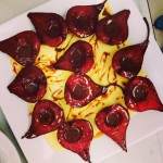 Pears Poached in Red Wine With Creme Anglaise And Caramel